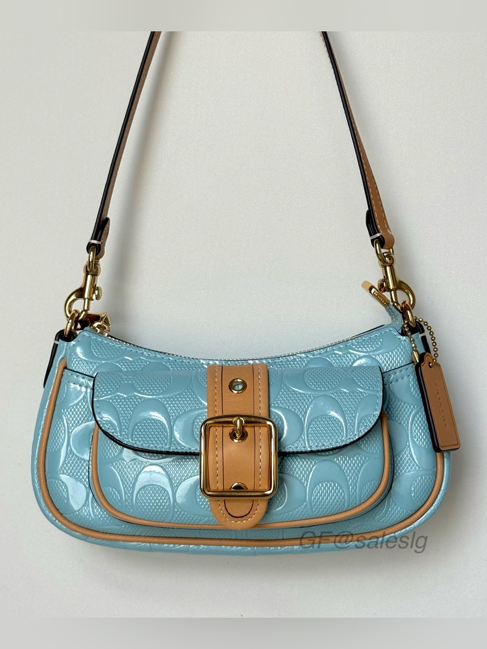 NWT Coach Ashton Mini Shoulder Bag Patent Leather Silver/light blue CEN11